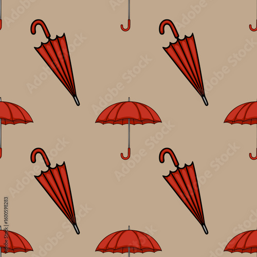 Seamless vector pattern of red umbrellas on a beige background: a stylish autumnal design with diagonal and horizontal arrangement for textile prints and web backgrounds.