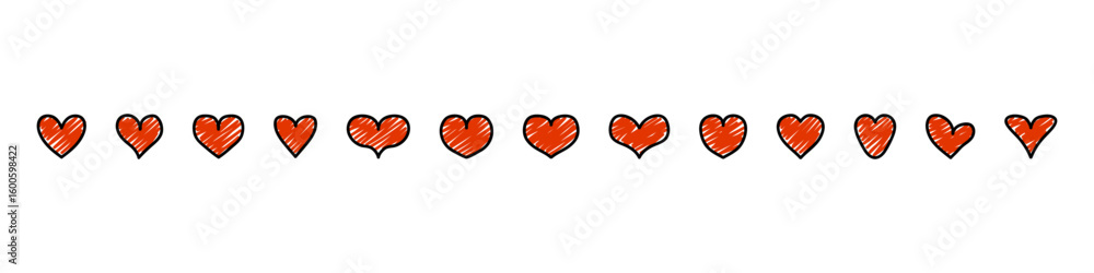 Fototapeta premium Heart doodle icon. Love cartoon sign. Hand-drawn heart icon set. Isolated love vector set. Red heart shape icon set.