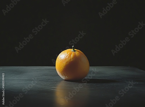 A tangerine on a table, black background, high-resolution photography, stock photo, professional color grading, in the style of a professional photographer. 