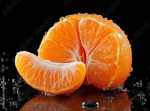A tangerine on a table, black background, high-resolution photography, stock photo, professional color grading, in the style of a professional photographer. 