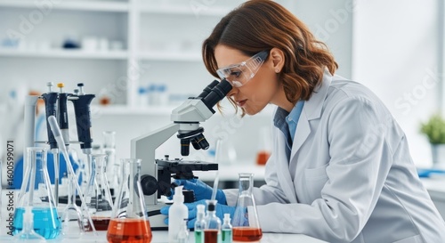 A woman in a lab coat using a microscope in a laboratory.
