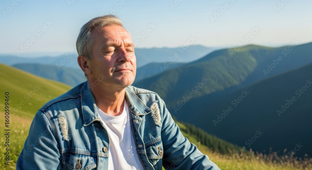 Naklejka premium A man sitting on a grassy hillside with his eyes closed, enjoying the view of mountains and greenery.