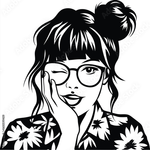 Pretty woman in floral shirt winks while posing with glasses on in black vector