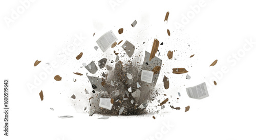 Debris explosion with flying papers and fragments during a blast effect cutout isolated on transparent bg, png