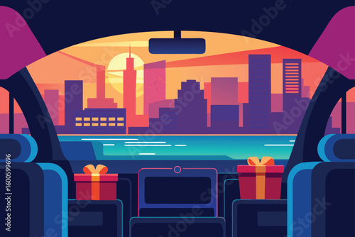 Christmas Cityscape with Gifts at Sunset
