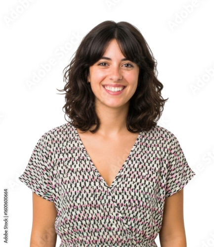 Wallpaper Mural Young woman with curly hair smiling happily while wearing a patterned dress cutout isolated on transparent bg, png Torontodigital.ca