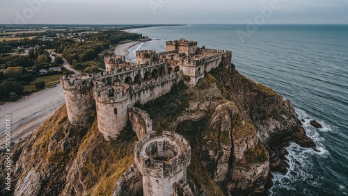 Fototapeta Naklejka Na Ścianę i Meble -  Abandoned coastal fortress ruins on a rocky cliff overlooking the Baltic Sea with sandy beach and surrounding landscape in the background