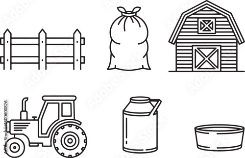Rural Farm Life Outline Icons Set Fence Sack Barn Tractor Milk Can Tub
