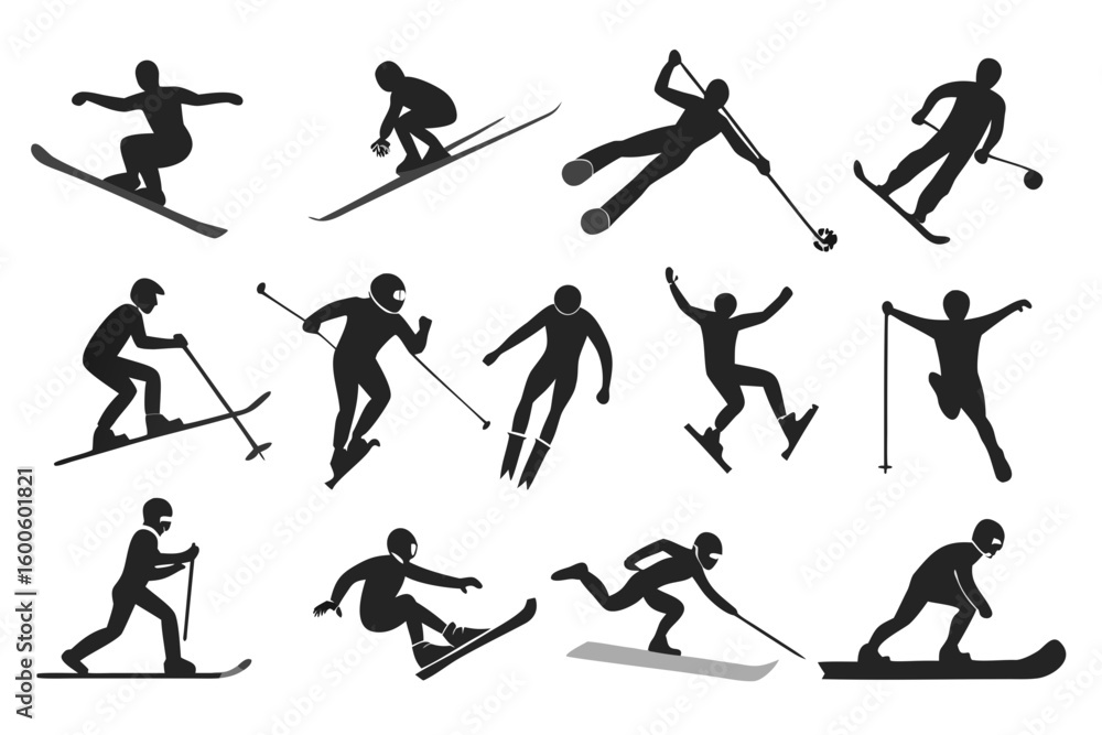 Fototapeta premium Collection of diverse skiing and snowboarding action silhouettes on a white background