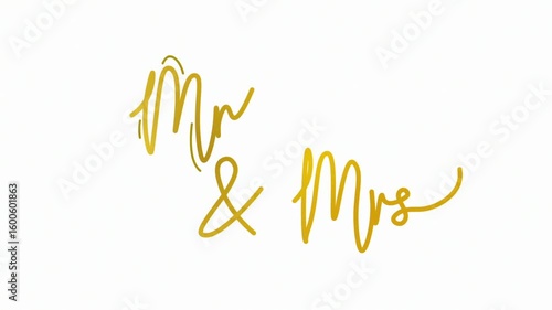 Mr & mrs One line continuous animated typography intro outro, mister misses hand drawn calligraphy monoline vintage text on background, aniamted Calligraphy lettering animation video, golden on white