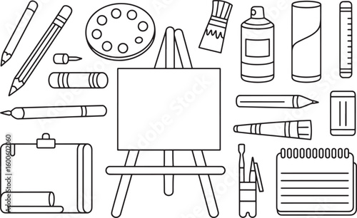 Art Supplies Outline Vector Illustration Set Drawing Tools Easel Palette Brushes Pencils Sketchbook
