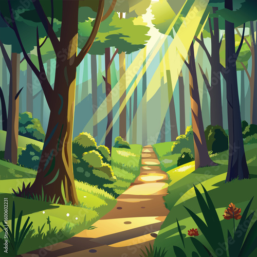 Nature Background, Forest, Trees , Grass and sunlight.Sunlit Forest Path: Green Grass and Sunlight Beams





