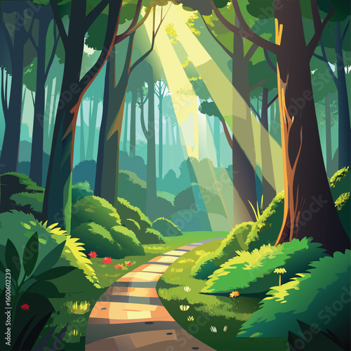 Nature Background, Forest, Trees , Grass and sunlight.Sunlit Forest Path: Green Grass and Sunlight Beams





