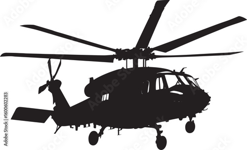 Helicopter in Flight A military helicopter hovering or flying, rotor blades spinning. full length silhouette black vector illustration