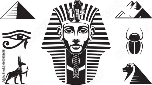 Ancient Egypt Symbols Pharaoh Tutankhamun Anubis Pyramid Eye of Horus Scarab Icon Set