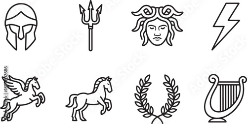 Ancient Greek Mythology Symbols Collection Helmet Trident Medusa Lightning Pegasus Lyre