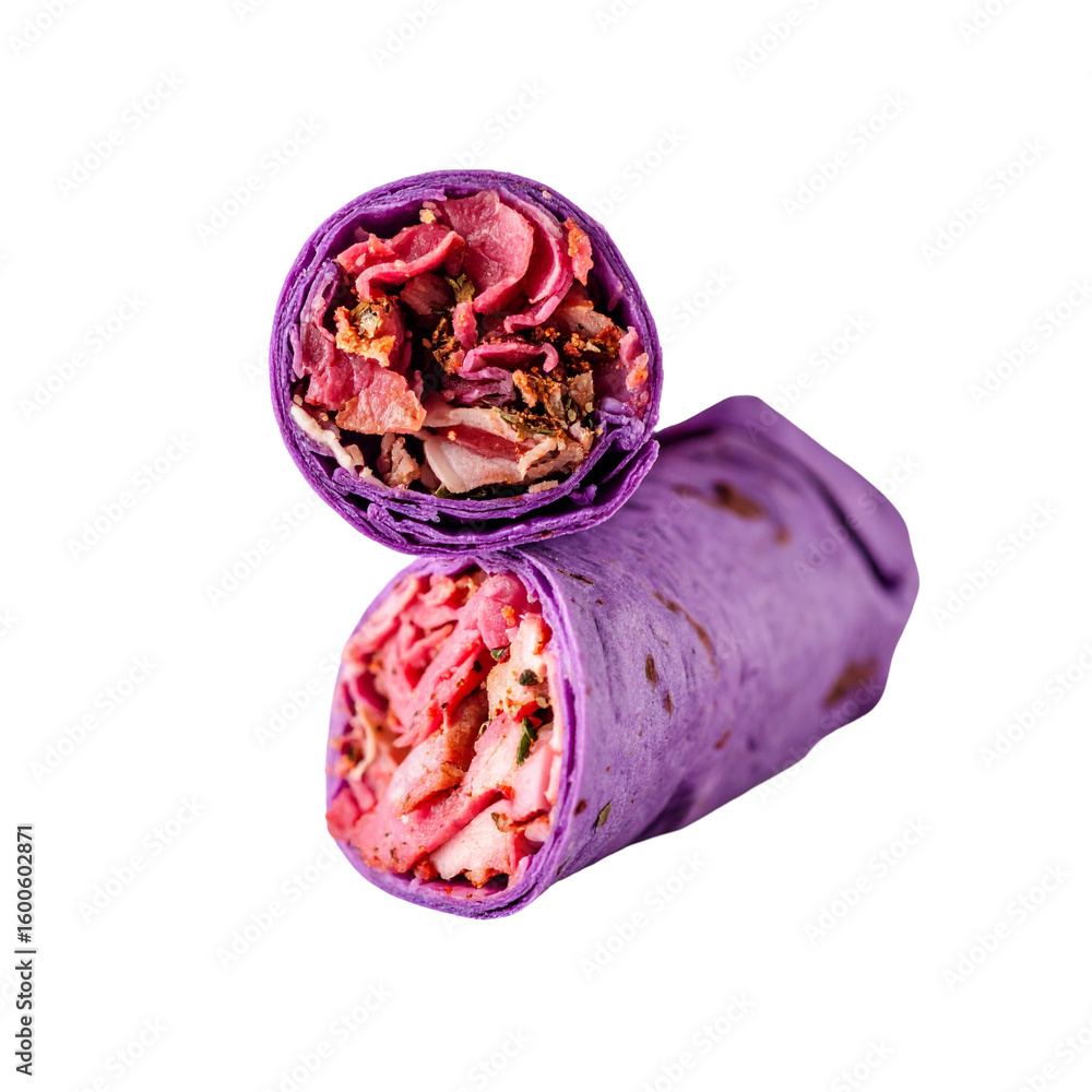 Fototapeta premium Purple tortilla wrap with meat and vegetables