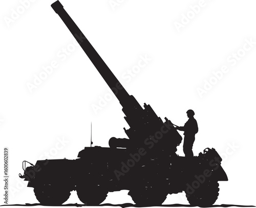 Artillery in Motion Artillery vehicle moving, cannon extended. full length silhouette black vector illustration