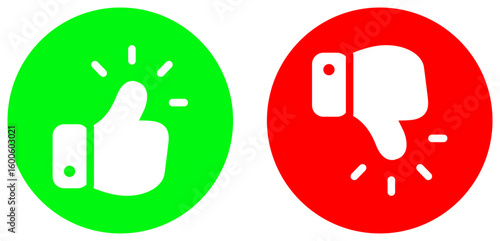 Thumb up and thumb down signs in vibrant green and red circles represent approval and disapproval on a white background, ideal for feedback or rating systems with a minimalist, clear design.