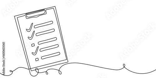 Line art one icon continuous document list illustration single check clipboard. Art one line data checklist survey test pen paper vector business report doodle notebook agenda sketch board form.