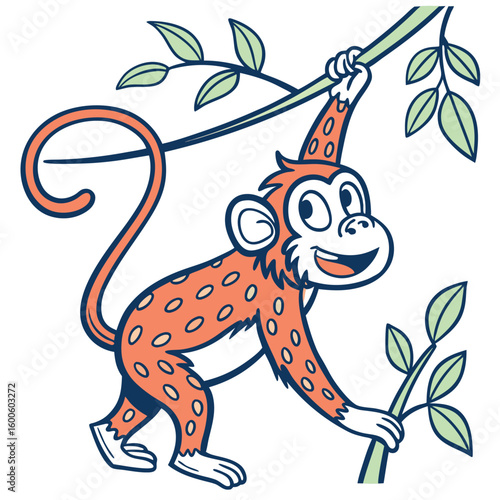 Orange cartoon monkey is playfully swinging on a tree branch with green leaves