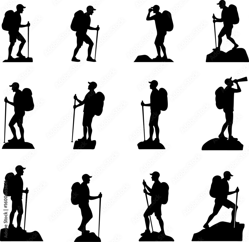 Obraz premium hiking, silhouette, group, forest, pine trees, mountain vector bundle