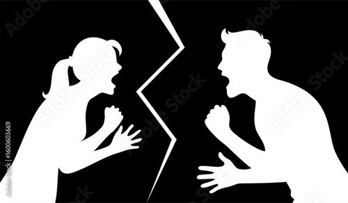 Silhouette of a married couple arguing and quarreling, concept of domestic violence, breakup, and divorce.