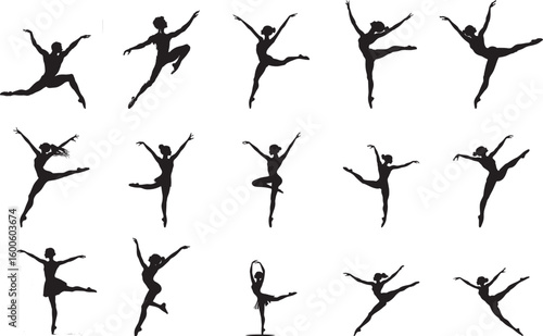 Grand Pirouette A Ballet dancer spinning multiple times on one leg, arms held in a high or low position. full length silhouette black vector illustration