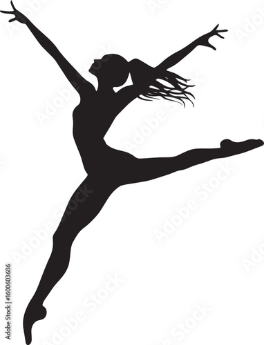 A Ballet dancer jumping in place, legs extended straight, arms in a rounded position. full length silhouette black vector illustration