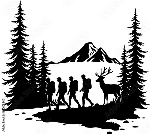 hiking, silhouette, group,  forest, pine trees, mountain vector bundle