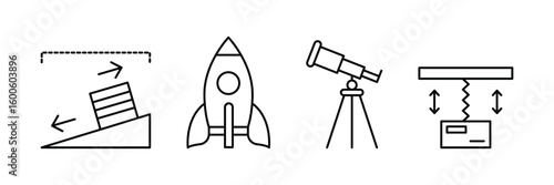 Physics and space concept icon set with mechanical experiment equipment rocket spring and telescope vector illustration in royalty free style.