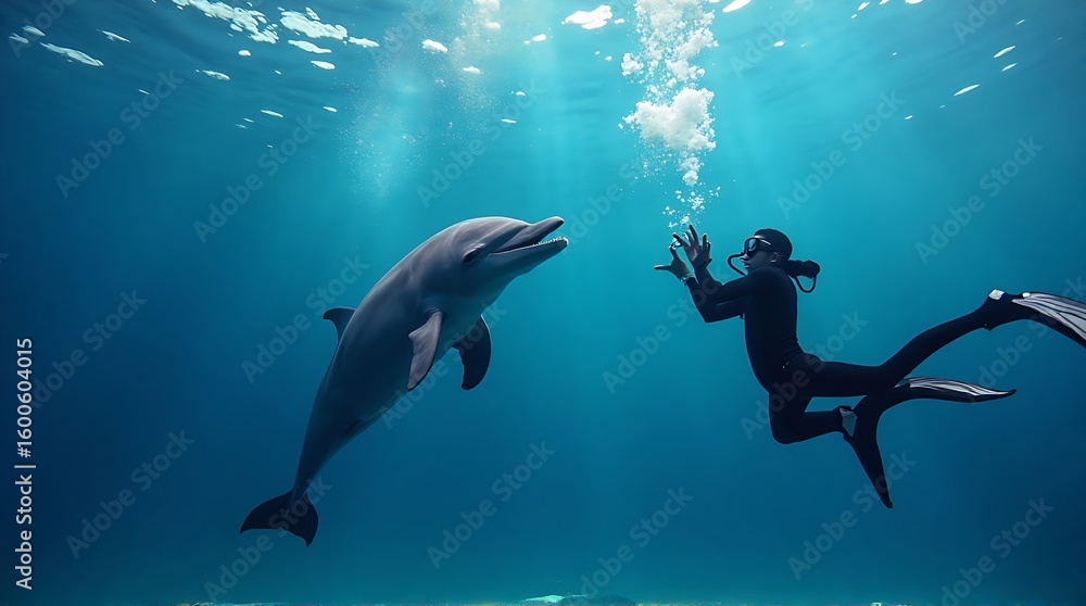Obraz premium A diver interacts playfully with a dolphin underwater, sunlight filtering through the water's surface.