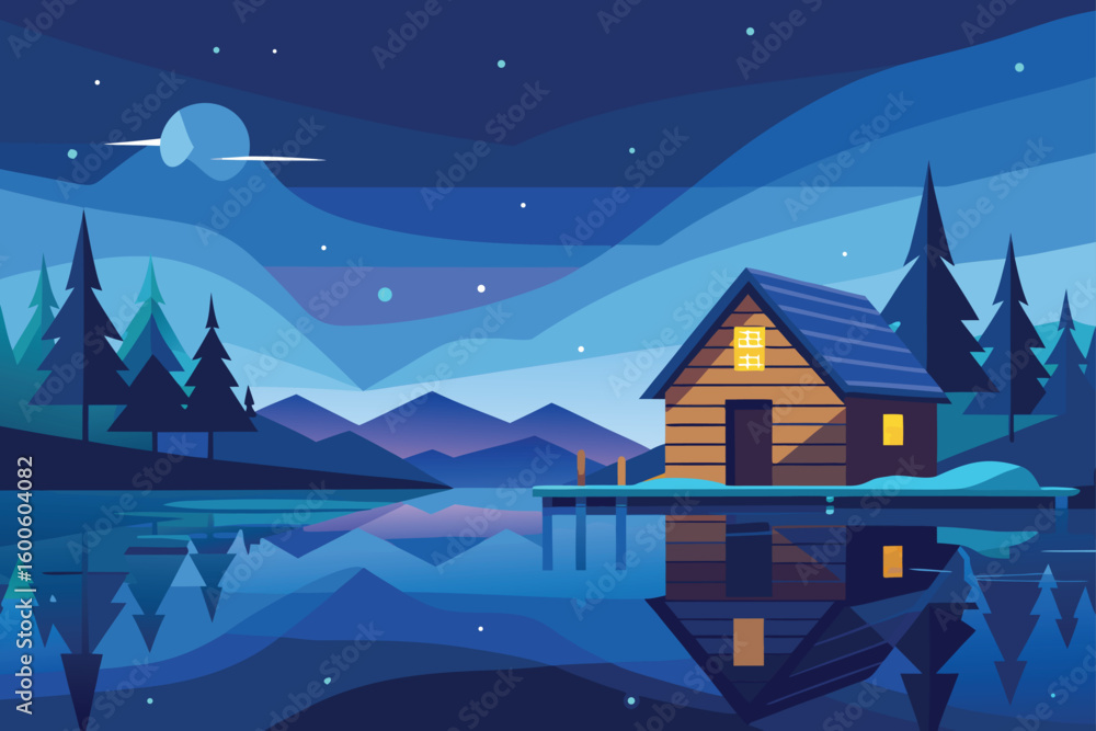 Obraz premium Winter Cabin by the Lake at Night – Vector Illustration
