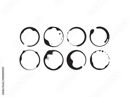  Collection of coffee cup ring stains silhouette vector isolated on white background.