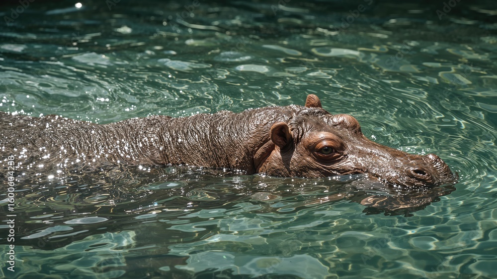 Fototapeta premium Giant hippo wading with most of its body underwater in an animal habitat