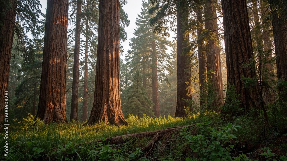Naklejka premium Tall Redwood Trees Surrounded by Lush Greenery