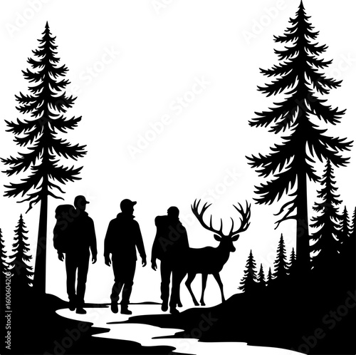 hiking, silhouette, group,  forest, pine trees, mountain vector bundle