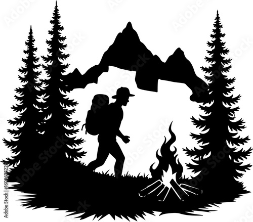hiking, silhouette, group,  forest, pine trees, mountain vector bundle