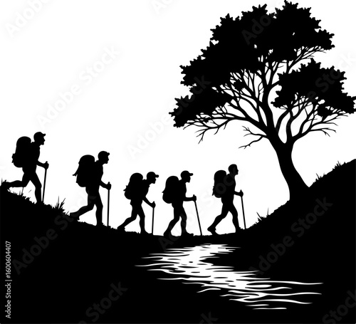 hiking, silhouette, group,  forest, pine trees, mountain vector bundle