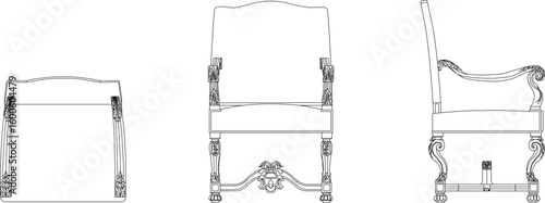 Vector sketch illustration silhouette of a traditional ethnic vintage classic wooden chair furniture design with carved details 
