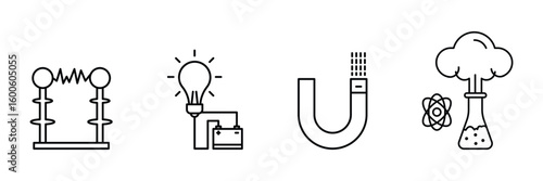 Electrical and scientific concept icon set with battery circuit magnet and chemical experiment for royalty free vector illustration purpose.