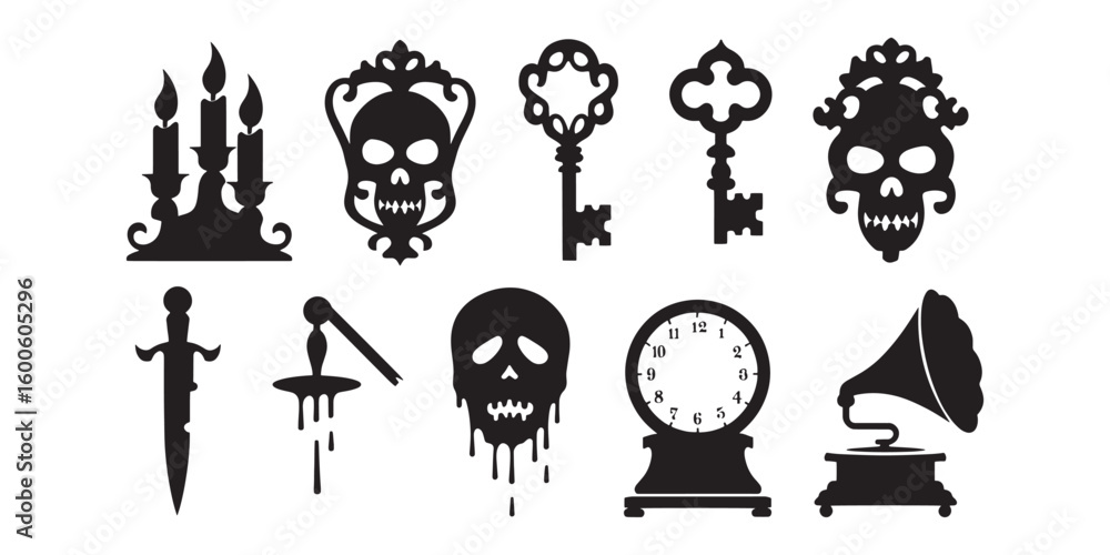 Fototapeta premium Black silhouettes of gothic objects and skulls on white