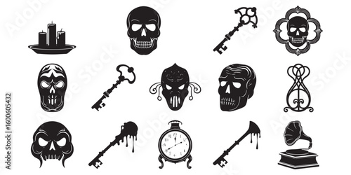 Black silhouette collection of skulls keys clock gramophone and candles
