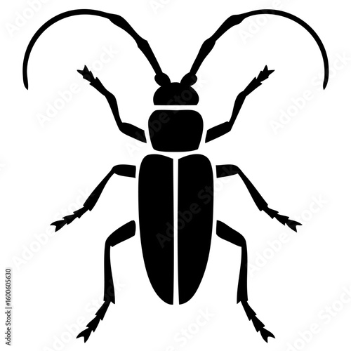 Bold, black silhouette of a longhorn beetle due to its exaggerated, arched antennae. It suitable for logos, scientific illustrations, tattoos, or graphic design projects.