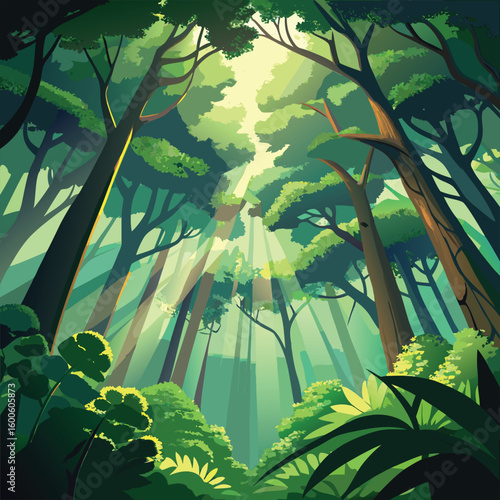 Nature Background, Forest, Trees , Grass and sunlight.Sunlit Forest Path: Green Grass and Sunlight Beams





