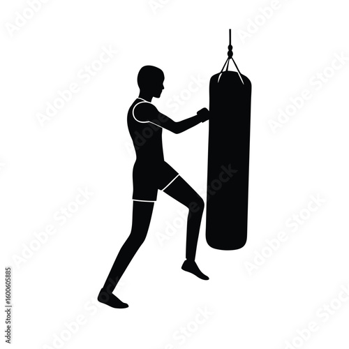 Silhouette of a person kicking a punching bag