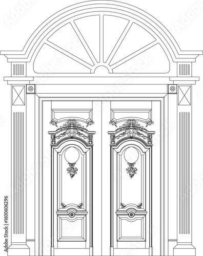 Vector sketch illustration of a silhouette of an architectural design detail of a teak wood door with classic, vintage, ethnic, traditional carvings