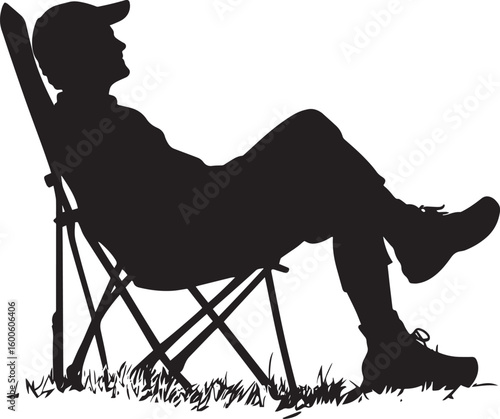 Camping Relaxation A person lounging in a camping chair, taking a rest after a day of backpacking. full length silhouette black vector illustration