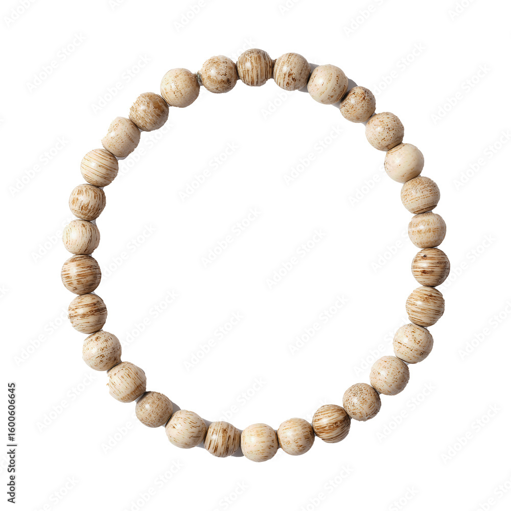 Obraz premium Simple and elegant strand of natural stone or wood beads, forming a bracelet, symbolizing mindfulness, balance, and earthy aesthetic, ideal for spiritual or bohemian fashion. 