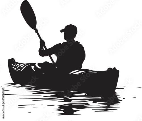 Kayak Maneuvering Individual using a paddle to steer the kayak. Full silhouette in black vector design.
